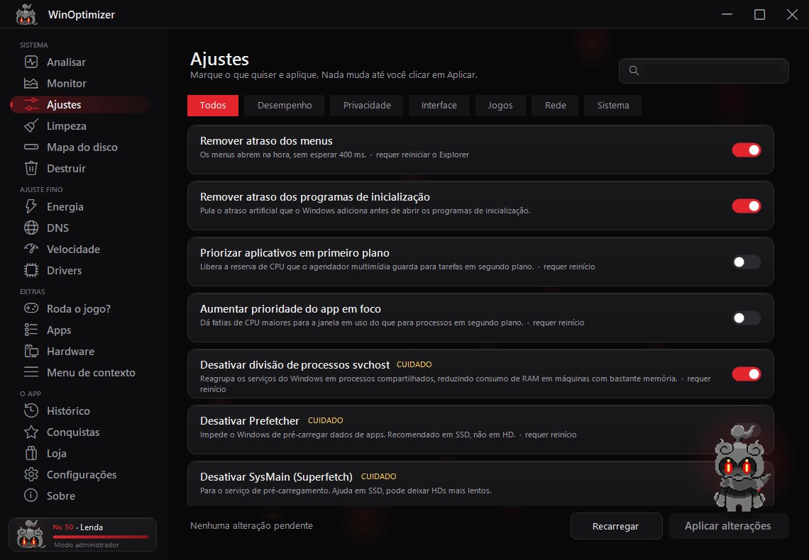 O WinOptimizer com o tema Sombra